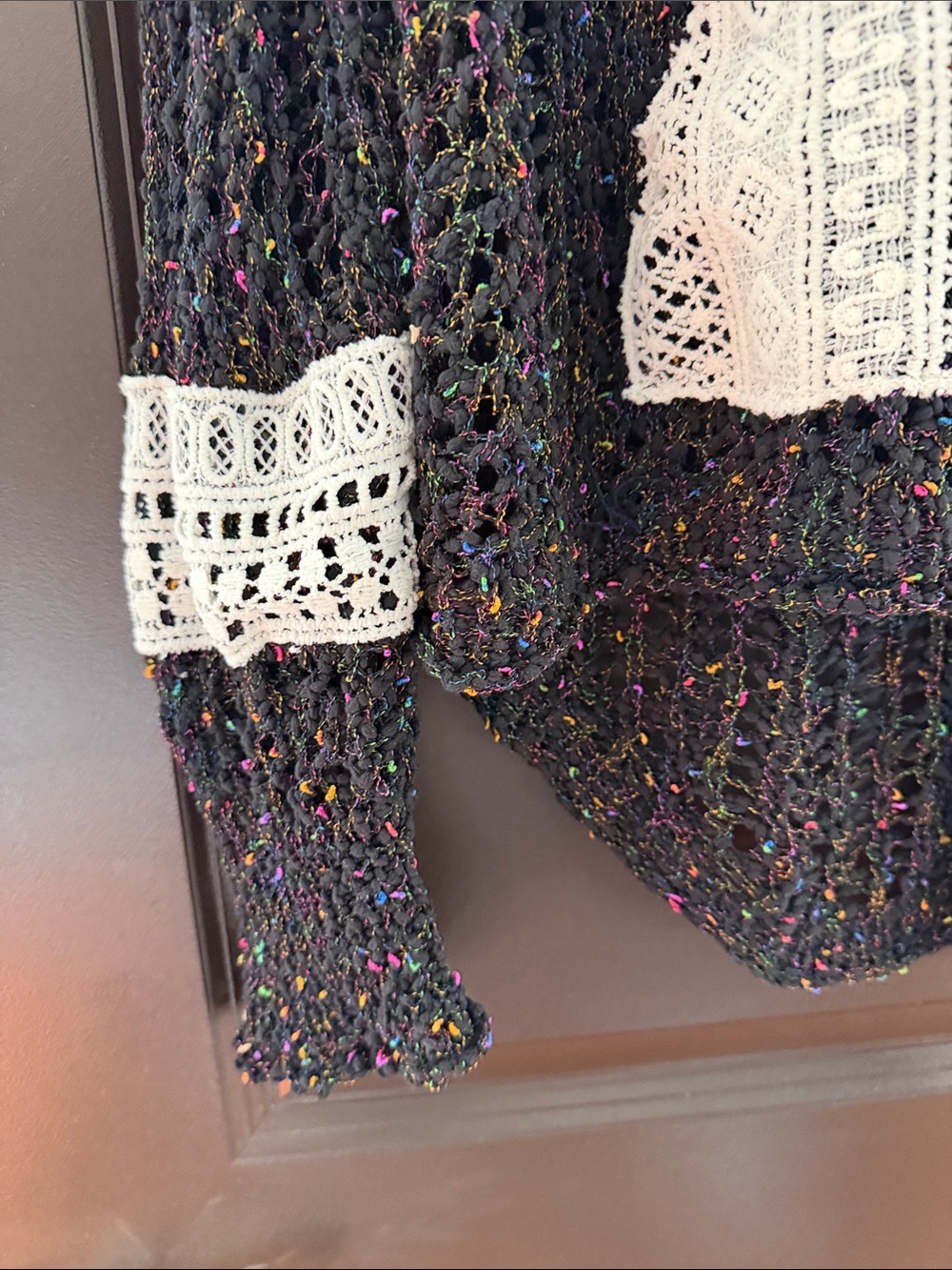 POL Open-Knit Black Scoop Sweater with Cream Crochet Pocket & Cuff Trim - Picture 6 of 9